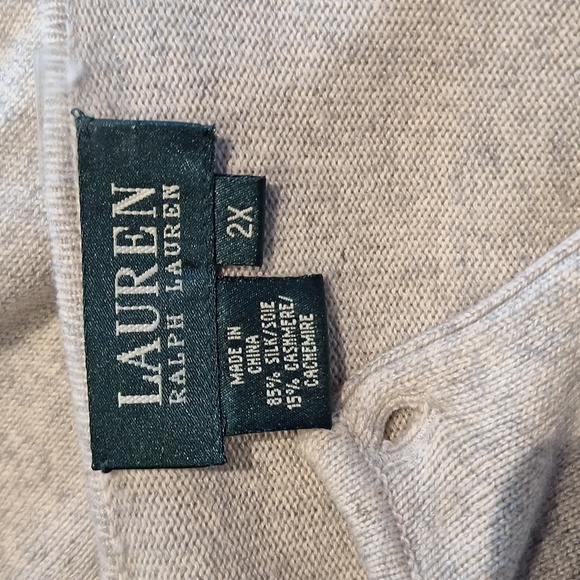 Lauren Ralph Lauren Cream/Gray Cardigan, Pearl Buttons, Silk Cashmere Blend - Picture 7 of 9